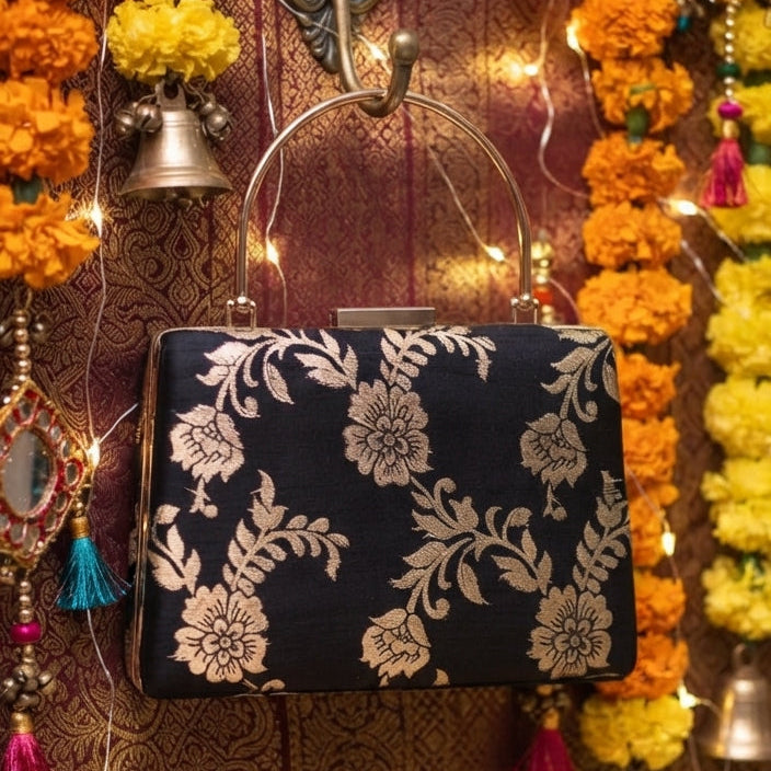 Classic Black and Gold Floral Brocade Top-Handle Box Clutch