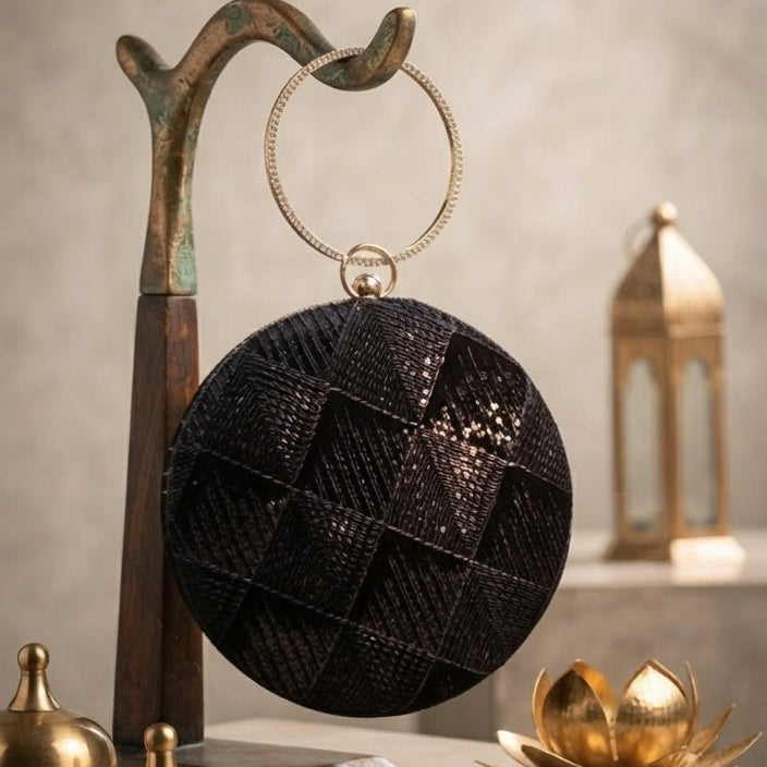 Midnight Geometric Sequin Round Clutch