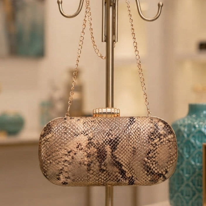 Luxe Golden Faux Python Oval Box Clutch with Chain Strap