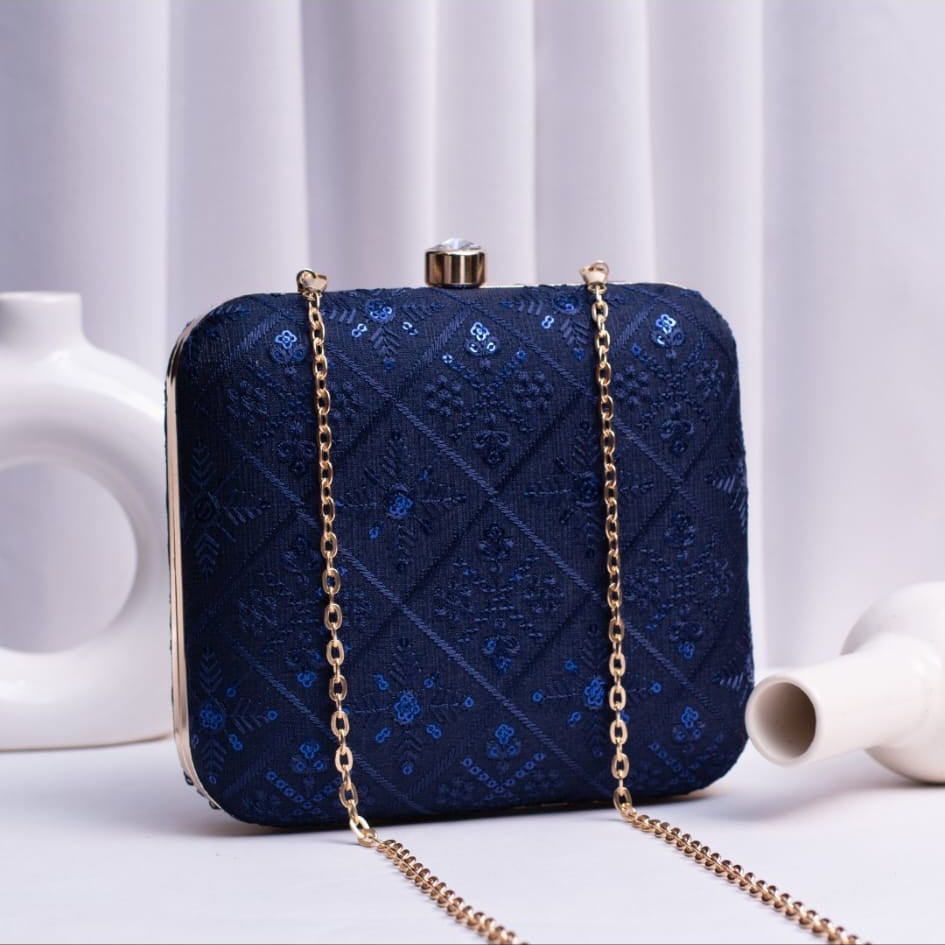 Midnight Navy Quilted Sequin Hardcase Clutch with Gold Chain