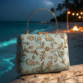 Ethereal Mint Blue Floral Embroidered Box Clutch with Top Handle