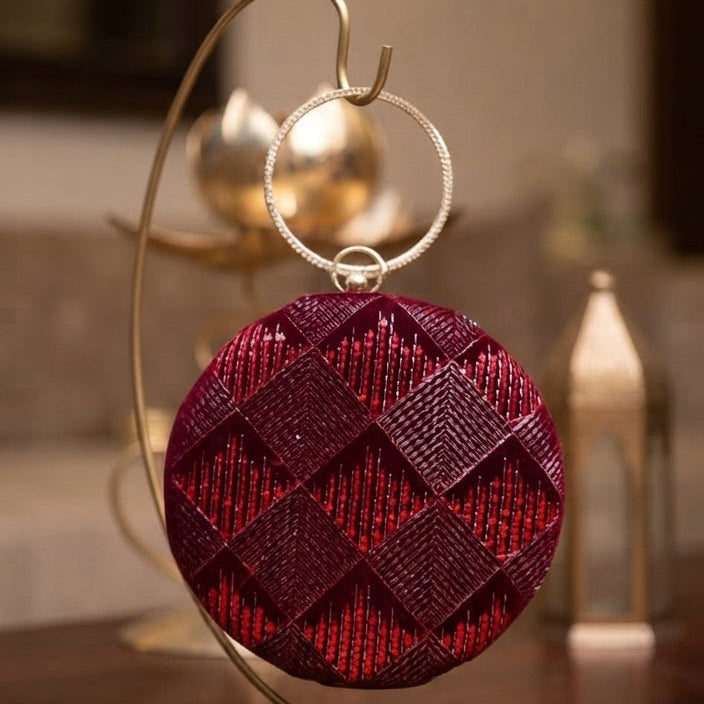 Royal Maroon Velvet Hand-Embroidered Ring-Handle Clutch