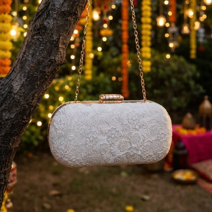 Ethereal White Brocade & Lace Structured Party Purse