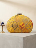 Radiant Marigold Yellow Zardozi Embroidered Hardcase Clutch with Crystal Clasp